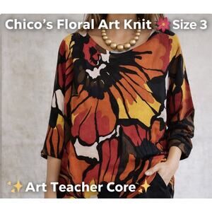 Chico’s Sz 3 (XL 16) Vibrant Artsy Floral LS Cashmere Career Sweater